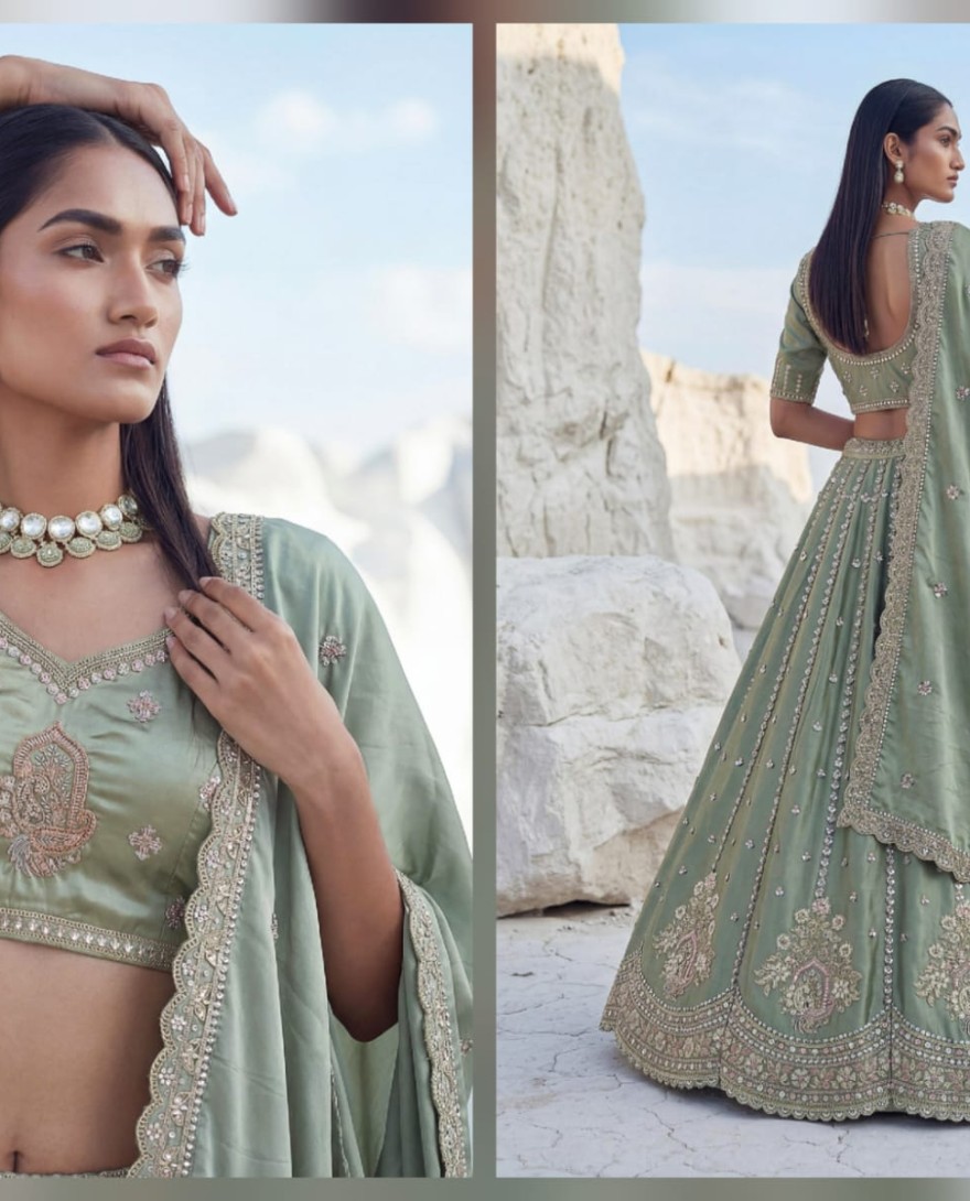 GREEN - Awesome Green Embroidered Silk Wedding Wear Lehenga With Blouse