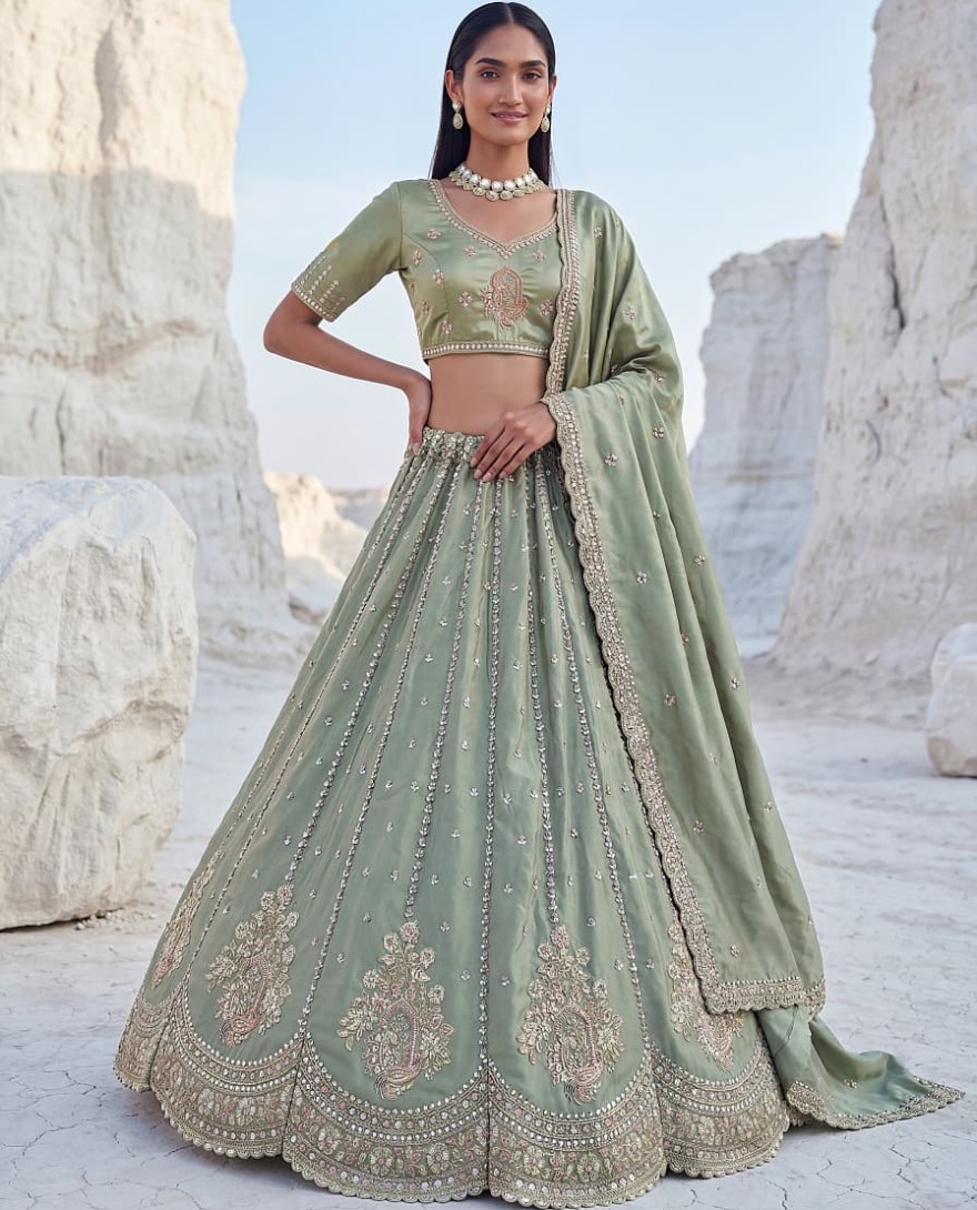GREEN - Awesome Green Embroidered Silk Wedding Wear Lehenga With Blouse