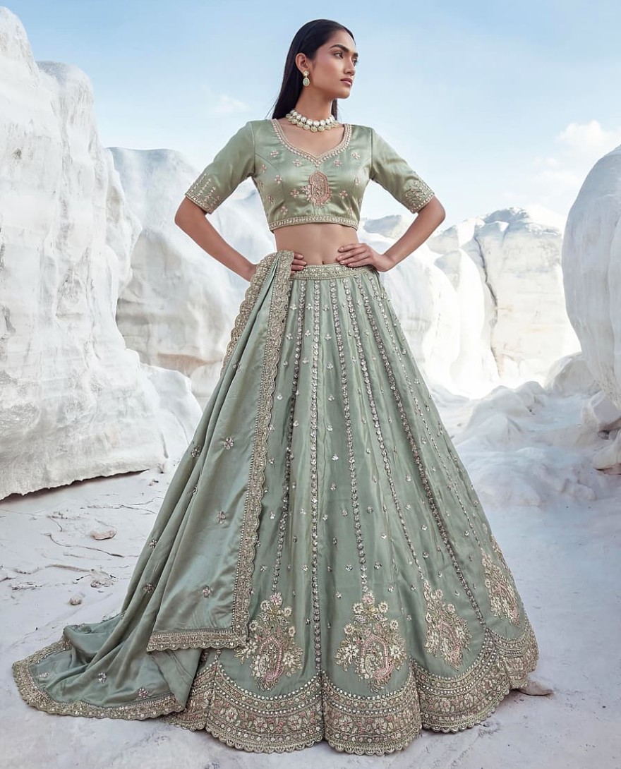 GREEN - Awesome Green Embroidered Silk Wedding Wear Lehenga With Blouse
