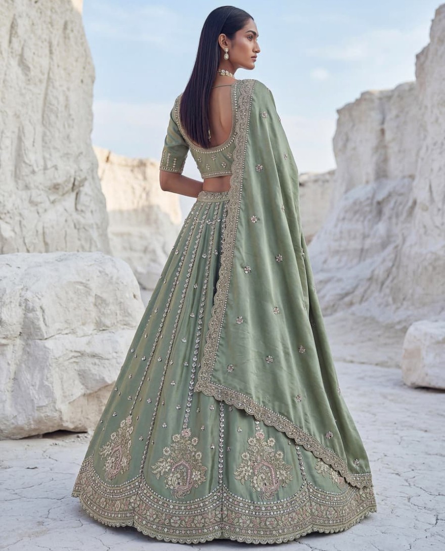 GREEN - Awesome Green Embroidered Silk Wedding Wear Lehenga With Blouse