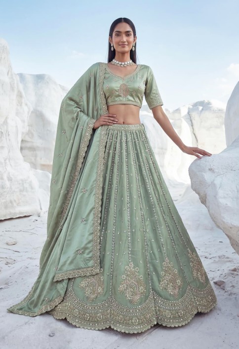 Awesome Green Embroidered Silk Wedding Wear Lehenga With Blouse