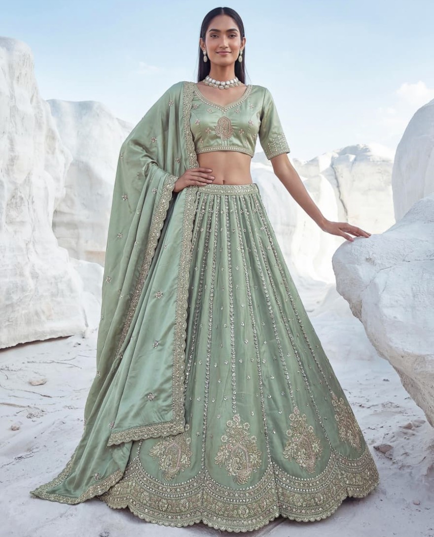 GREEN - Awesome Green Embroidered Silk Wedding Wear Lehenga With Blouse