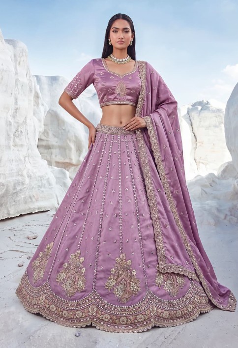 Fantastic Lavender Sequins Silk Reception Wear Lehenga Choli