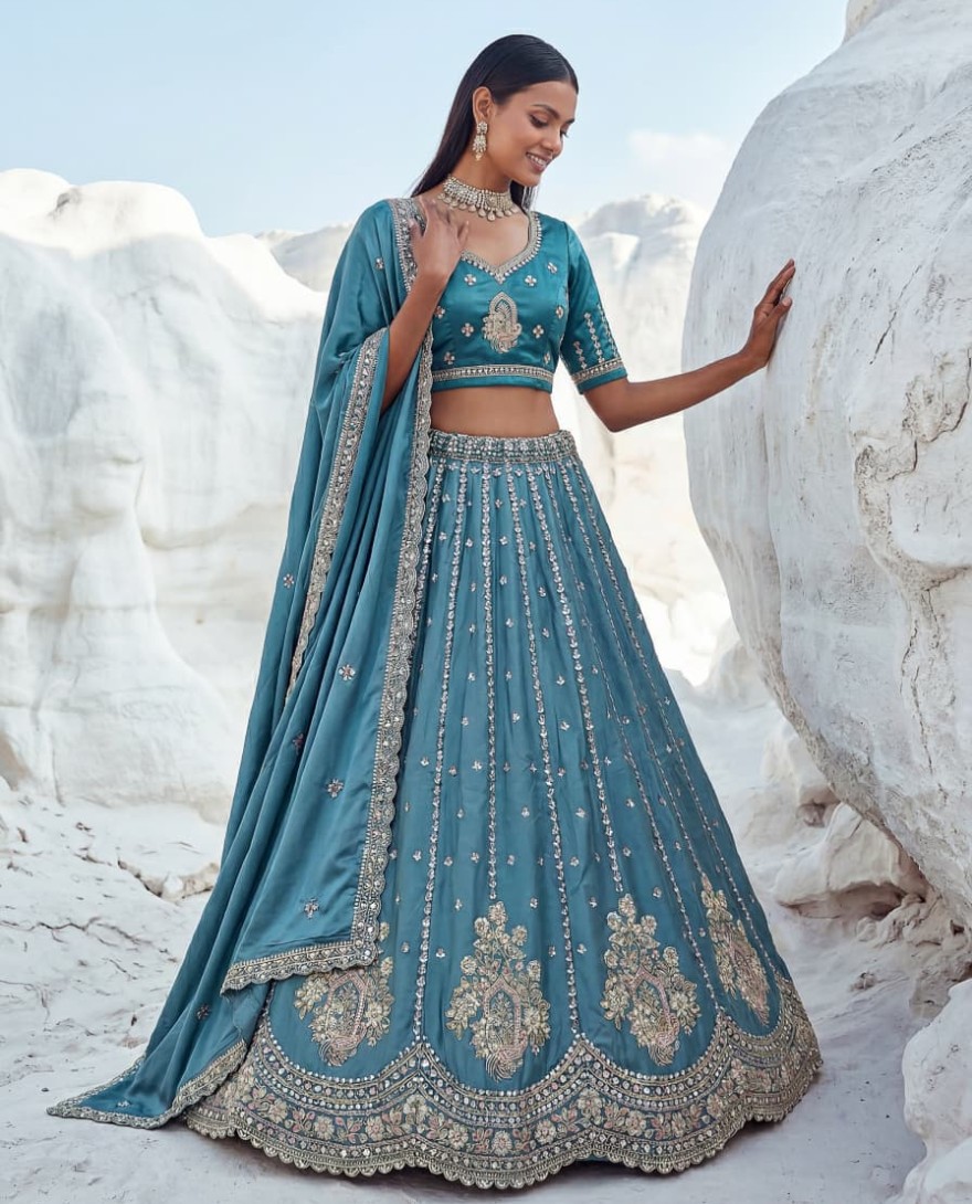 BLUE - Fantastic Teal Blue Bead Work Silk Engagement Wear Lehenga Choli