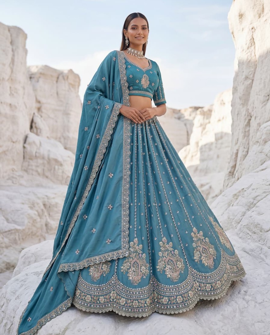 BLUE - Fantastic Teal Blue Bead Work Silk Engagement Wear Lehenga Choli