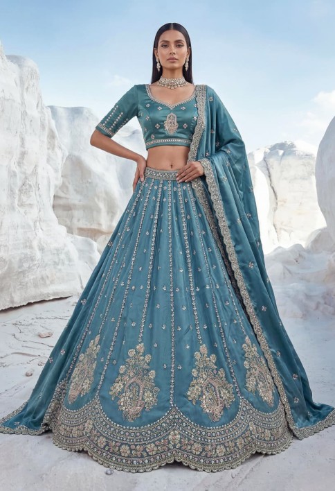 Fantastic Teal Blue Bead Work Silk Engagement Wear Lehenga Choli