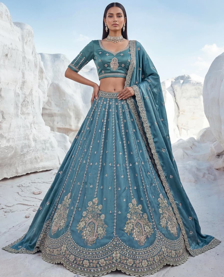 BLUE - Fantastic Teal Blue Bead Work Silk Engagement Wear Lehenga Choli
