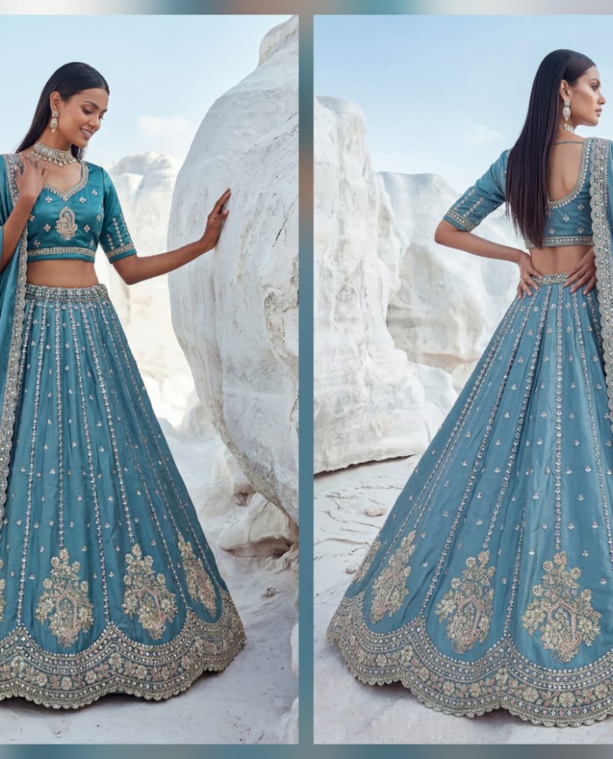 BLUE - Fantastic Teal Blue Bead Work Silk Engagement Wear Lehenga Choli