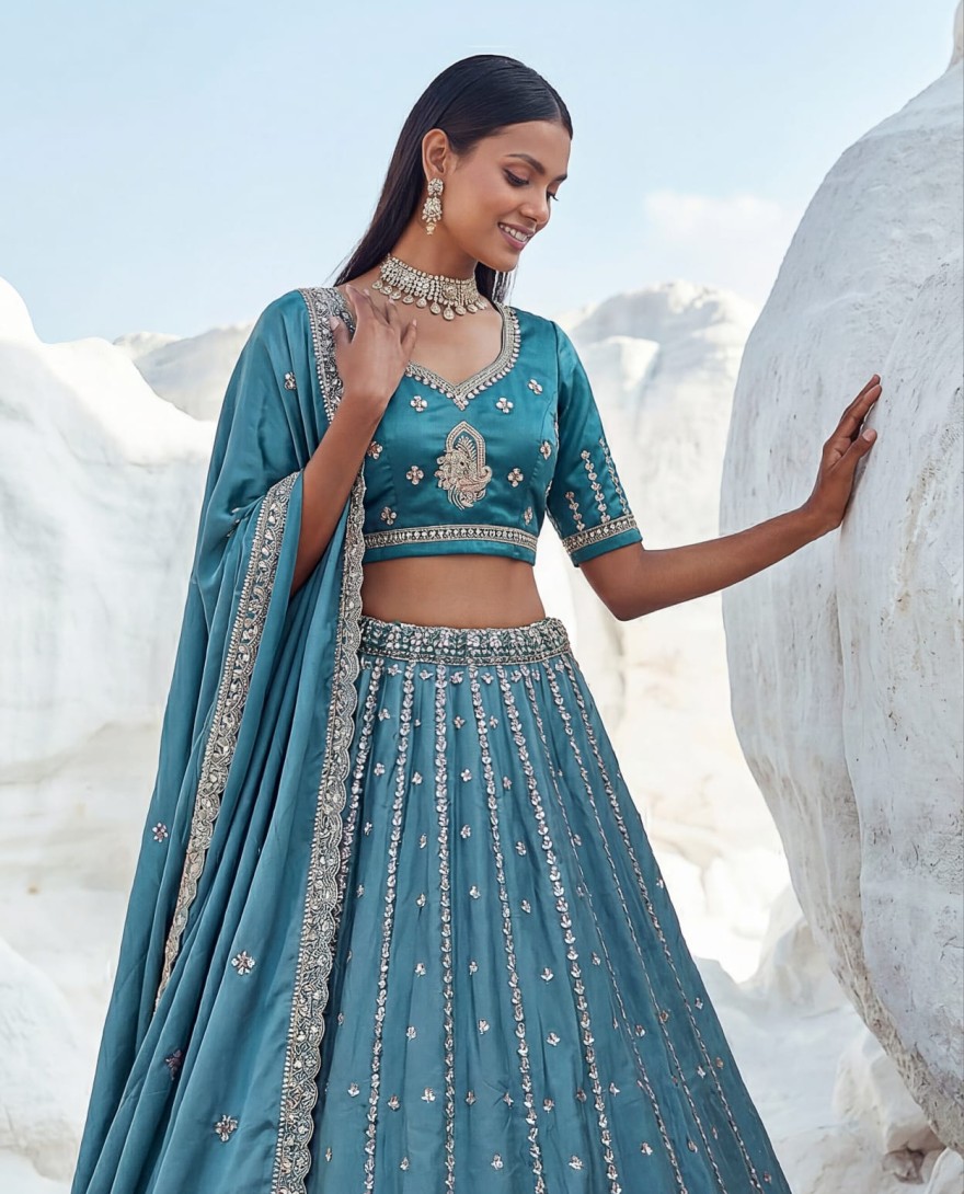 BLUE - Fantastic Teal Blue Bead Work Silk Engagement Wear Lehenga Choli