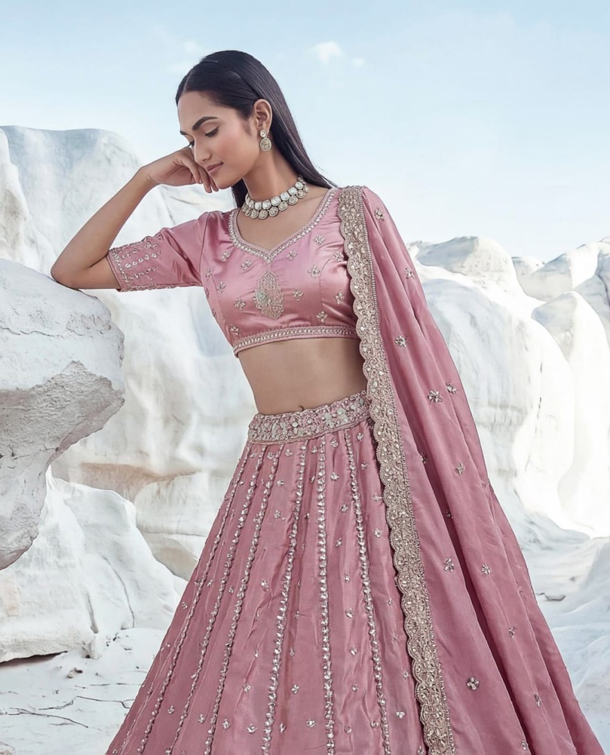 PINK - Royal Pink Sequins Silk Sangeet Wear Lehenga Choli With Dupatta