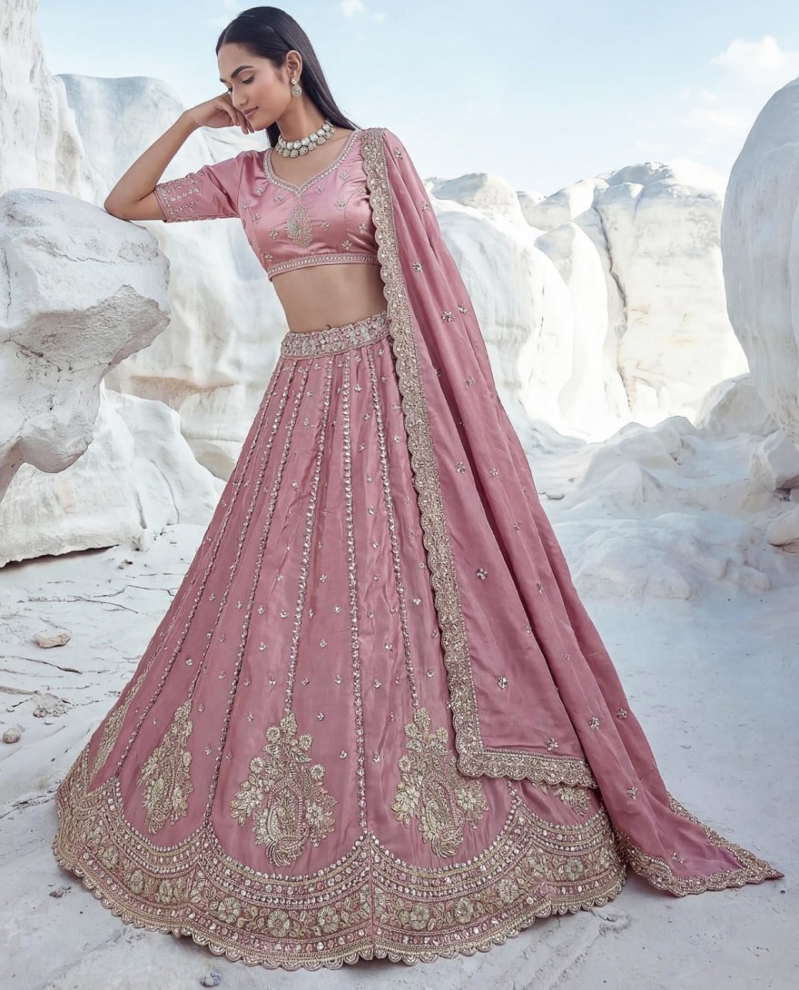 PINK - Royal Pink Sequins Silk Sangeet Wear Lehenga Choli With Dupatta