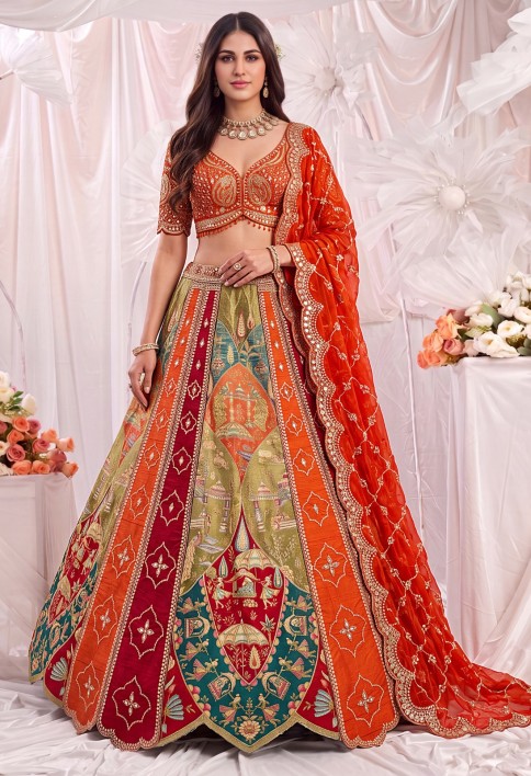 Multi Colour Silk Embroidered, Mirror, Patch Border, Sequins, Thread and Zari Work Readymade Lehenga Choli for Engagement
