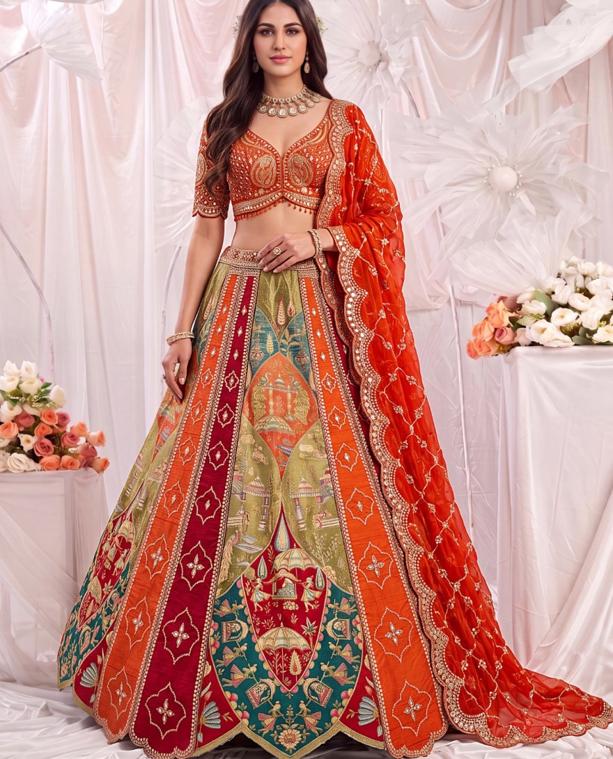 MULTICOLOR - Multi Colour Silk Embroidered, Mirror, Patch Border, Sequins, Thread and Zari Work Readymade Lehenga Choli for Engagement