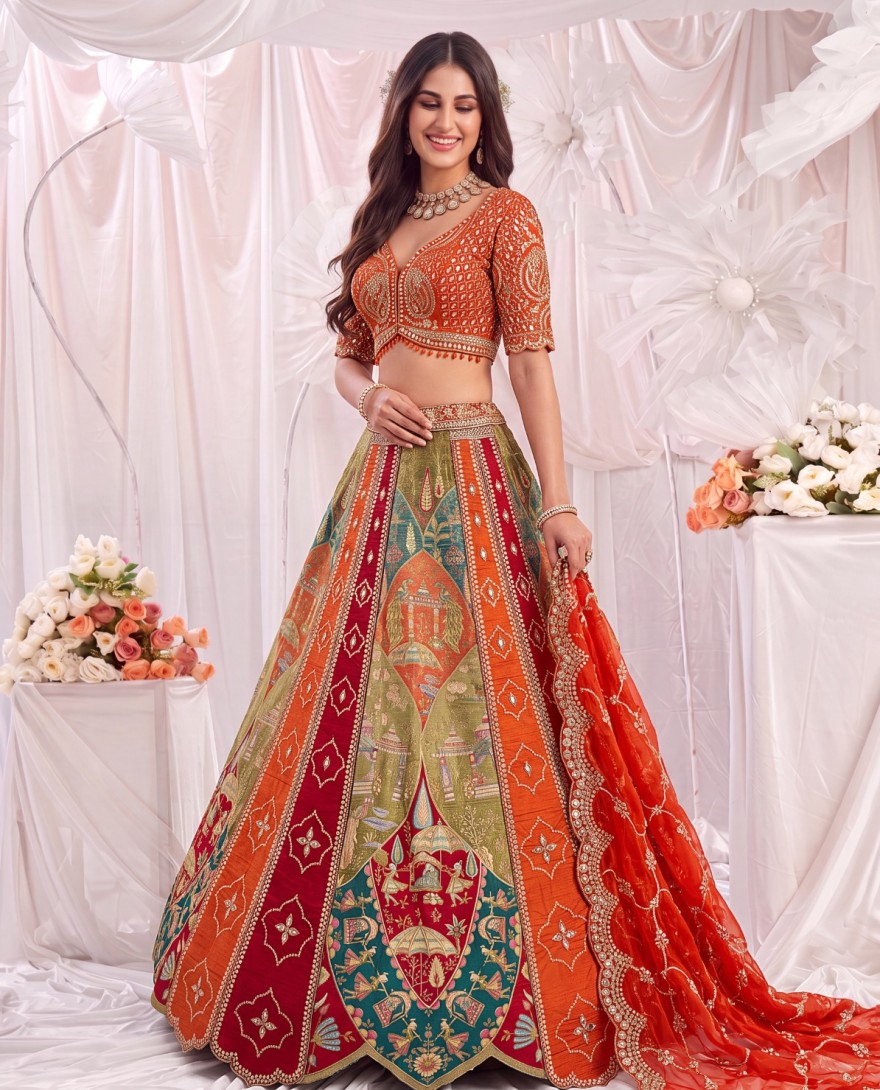 MULTICOLOR - Multi Colour Silk Embroidered, Mirror, Patch Border, Sequins, Thread and Zari Work Readymade Lehenga Choli for Engagement
