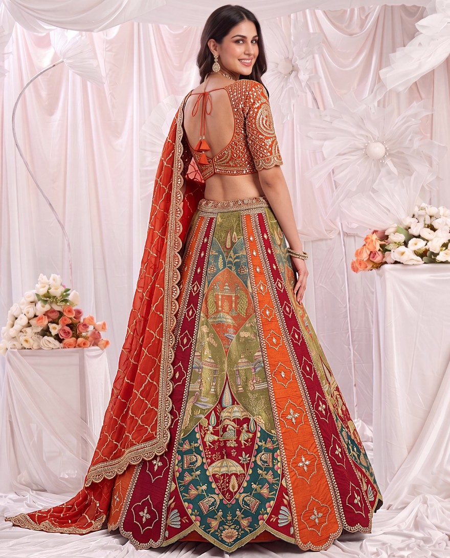 MULTICOLOR - Multi Colour Silk Embroidered, Mirror, Patch Border, Sequins, Thread and Zari Work Readymade Lehenga Choli for Engagement