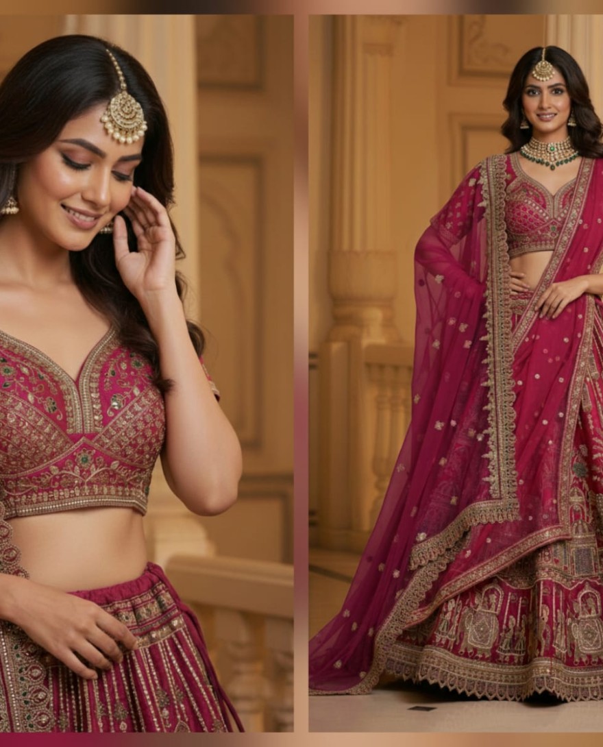 PINK - Outstanding Pink Embroidered Silk Bridal Lehenga Choli With Double Dupatta