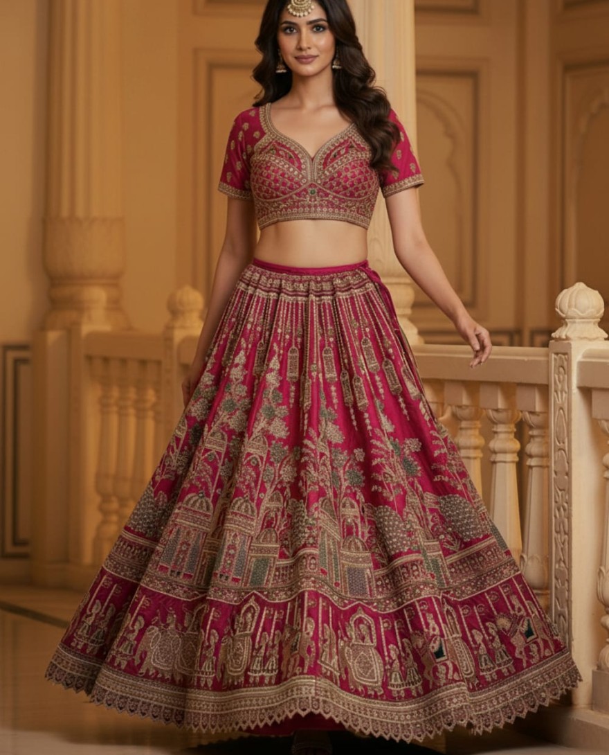 PINK - Outstanding Pink Embroidered Silk Bridal Lehenga Choli With Double Dupatta