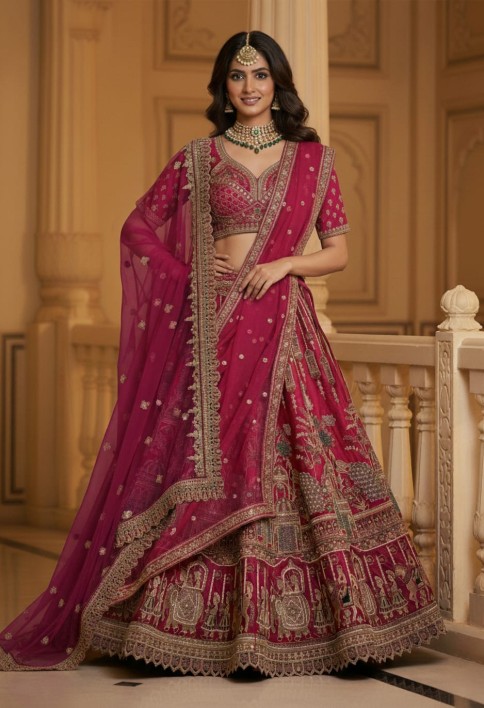 Outstanding Pink Embroidered Silk Bridal Lehenga Choli With Double Dupatta