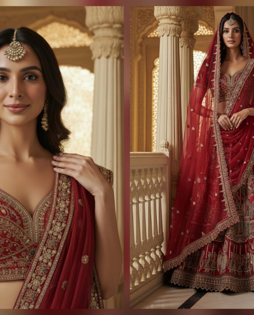 RED - Graceful Red Embroidered Silk Bridal Lehenga Choli With Double Dupatta