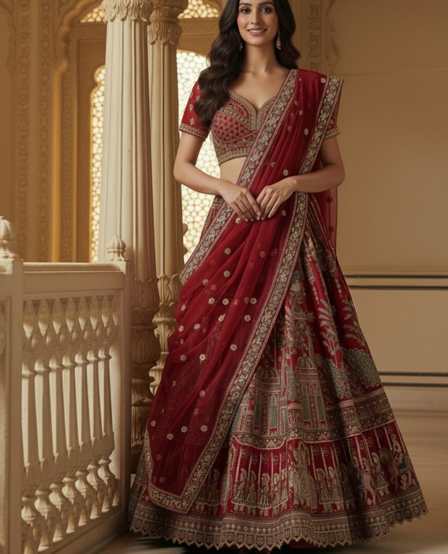 RED - Graceful Red Embroidered Silk Bridal Lehenga Choli With Double Dupatta