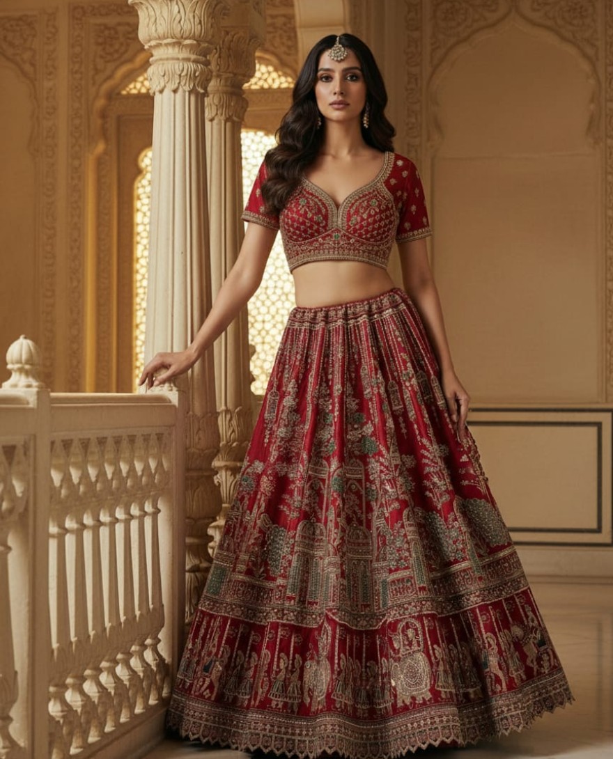 RED - Graceful Red Embroidered Silk Bridal Lehenga Choli With Double Dupatta