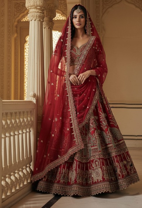 Graceful Red Embroidered Silk Bridal Lehenga Choli With Double Dupatta