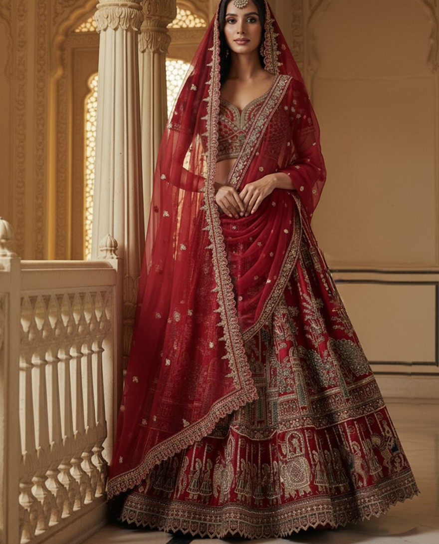 RED - Graceful Red Embroidered Silk Bridal Lehenga Choli With Double Dupatta