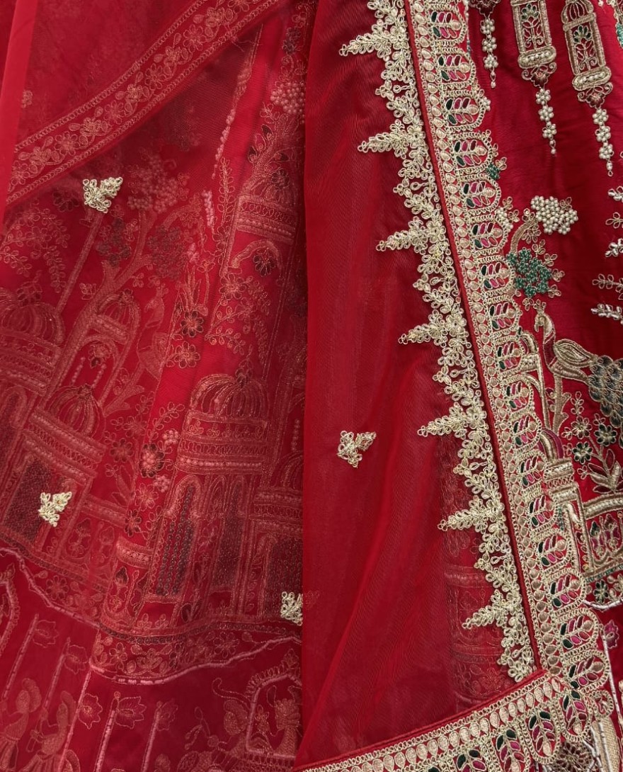 RED - Graceful Red Embroidered Silk Bridal Lehenga Choli With Double Dupatta