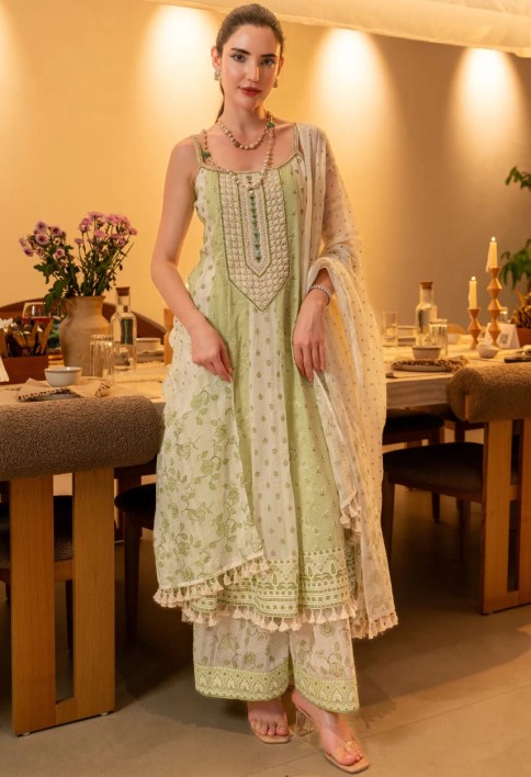 Pistachio Bloom Cotton Anarkali Set