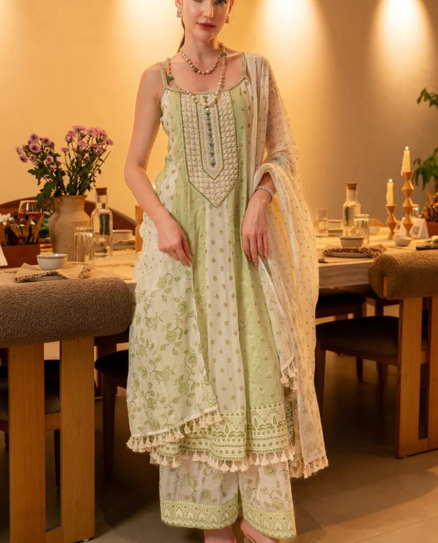 GREEN - Pistachio Bloom Cotton Anarkali Set