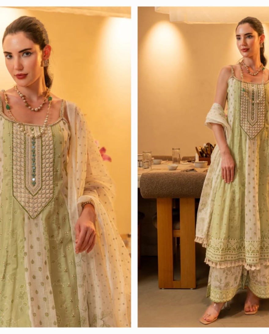 GREEN - Pistachio Bloom Cotton Anarkali Set