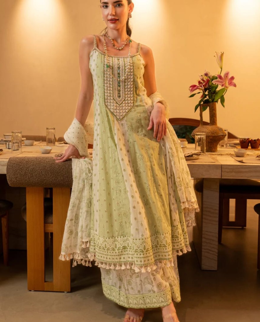 GREEN - Pistachio Bloom Cotton Anarkali Set