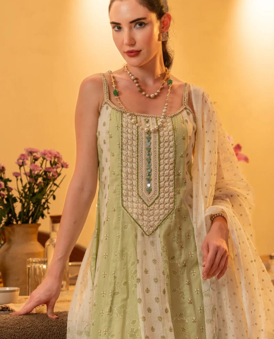GREEN - Pistachio Bloom Cotton Anarkali Set