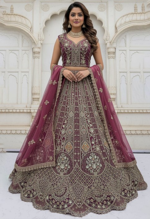 Metalic Pink Embroidery on Vibrant Color Designer Partywear Lehengacholi 