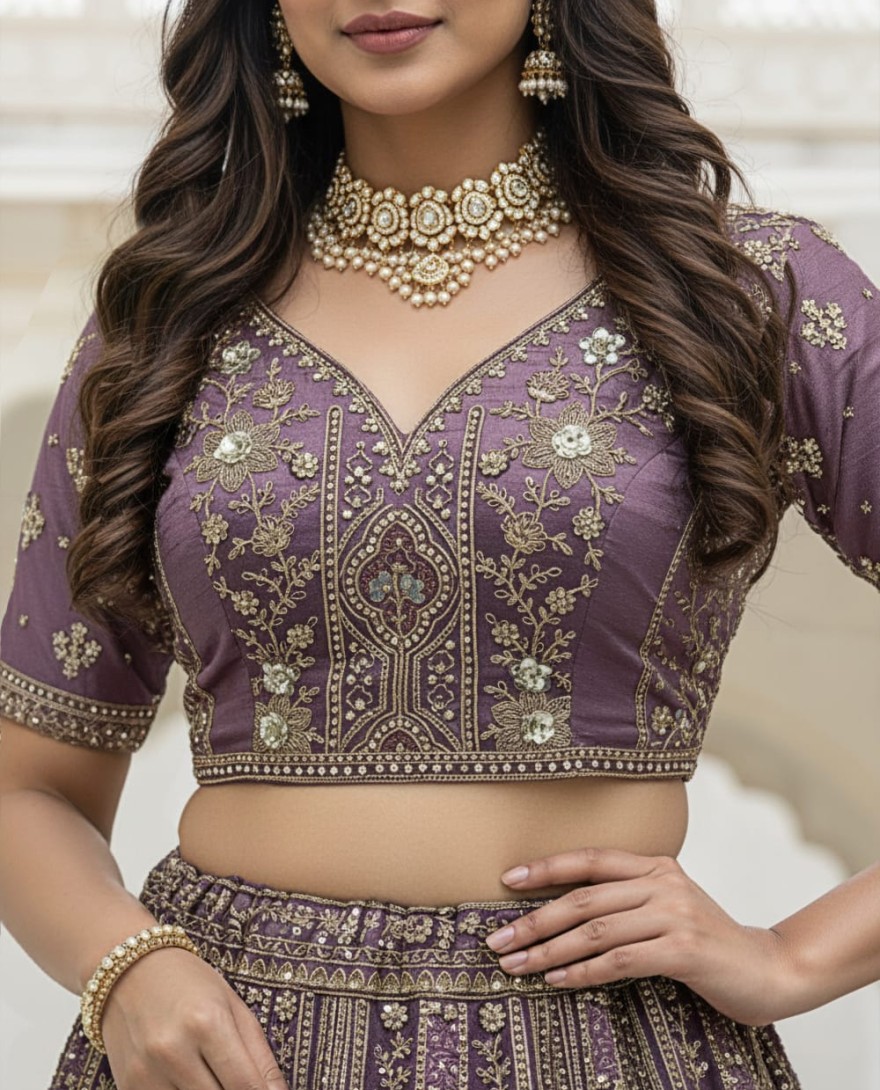 PURPLE - Metalic Purple Embroidery on Vibrant Color Designer Partywear Lehengacholi 