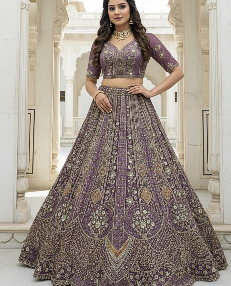 PURPLE - Metalic Purple Embroidery on Vibrant Color Designer Partywear Lehengacholi 
