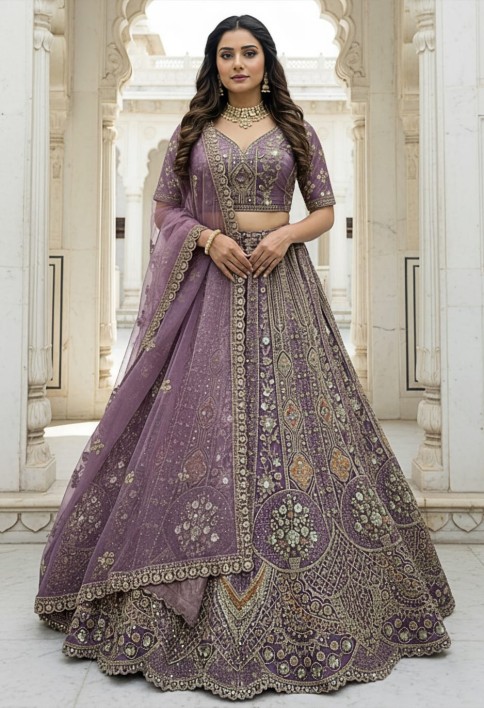 Metalic Purple Embroidery on Vibrant Color Designer Partywear Lehengacholi 