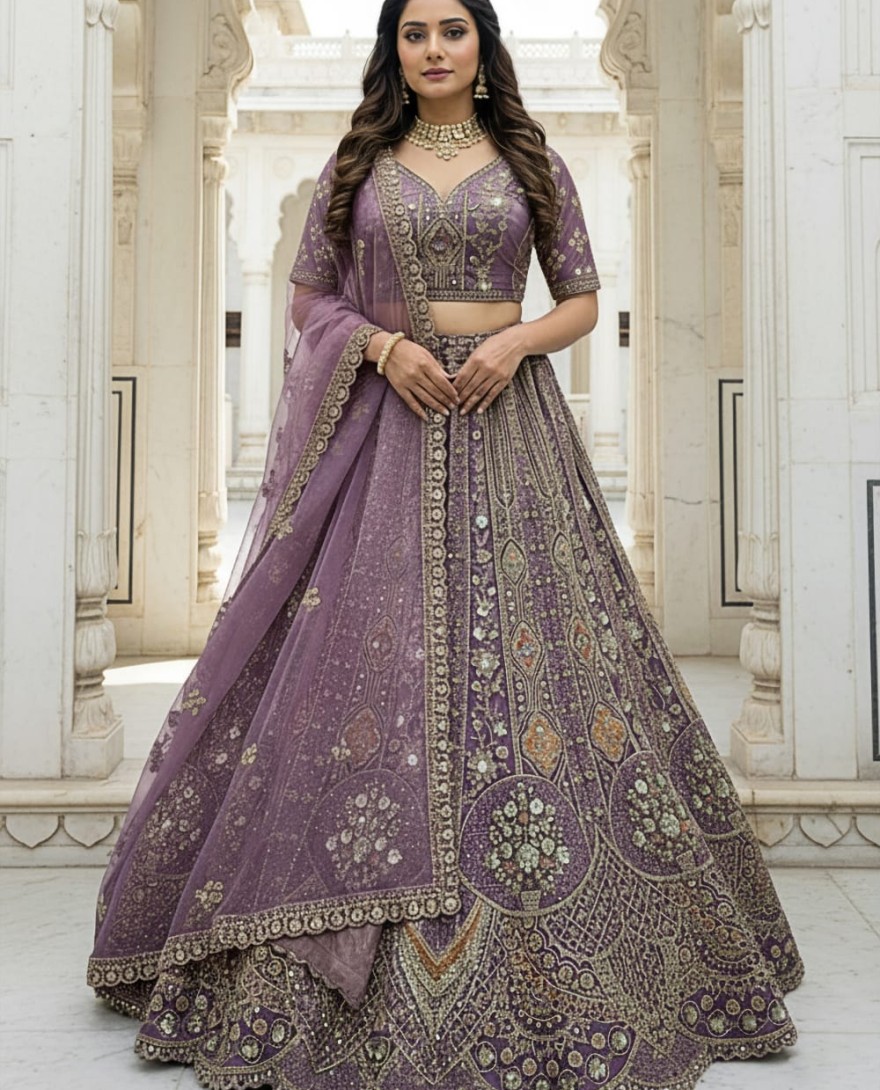 PURPLE - Metalic Purple Embroidery on Vibrant Color Designer Partywear Lehengacholi 