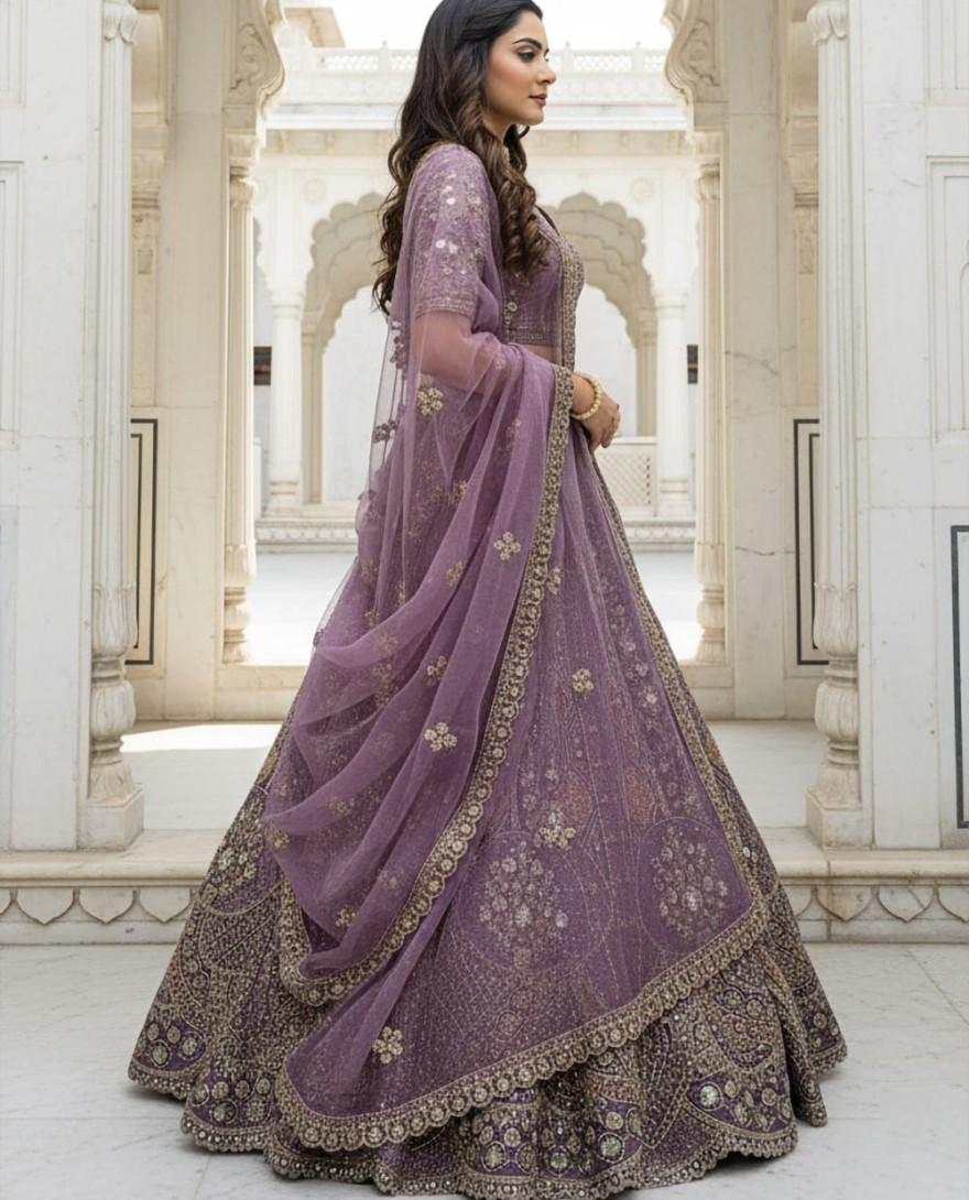 PURPLE - Metalic Purple Embroidery on Vibrant Color Designer Partywear Lehengacholi 