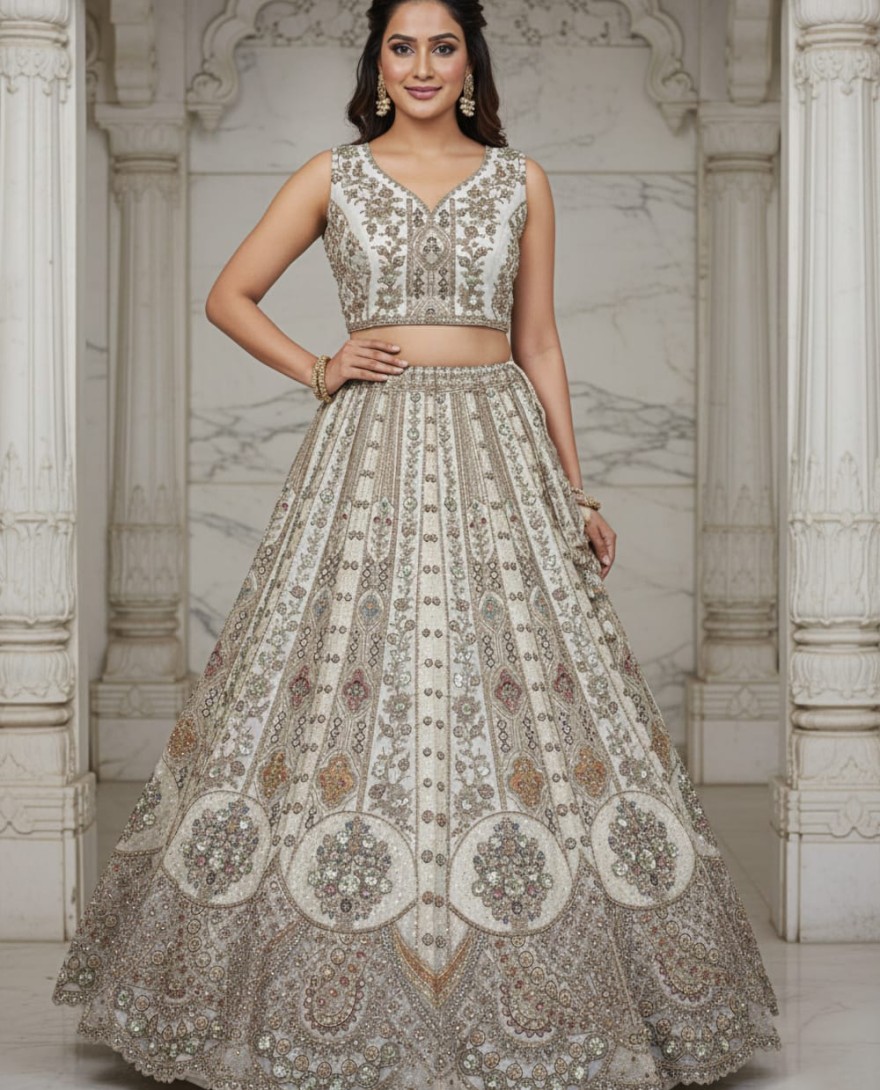 WHITE - Metalic White Embroidery on Vibrant Color Designer Partywear Lehengacholi 