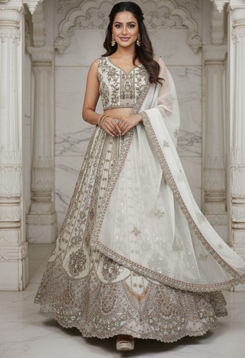 Metalic White Embroidery on Vibrant Color Designer Partywear Lehengacholi 