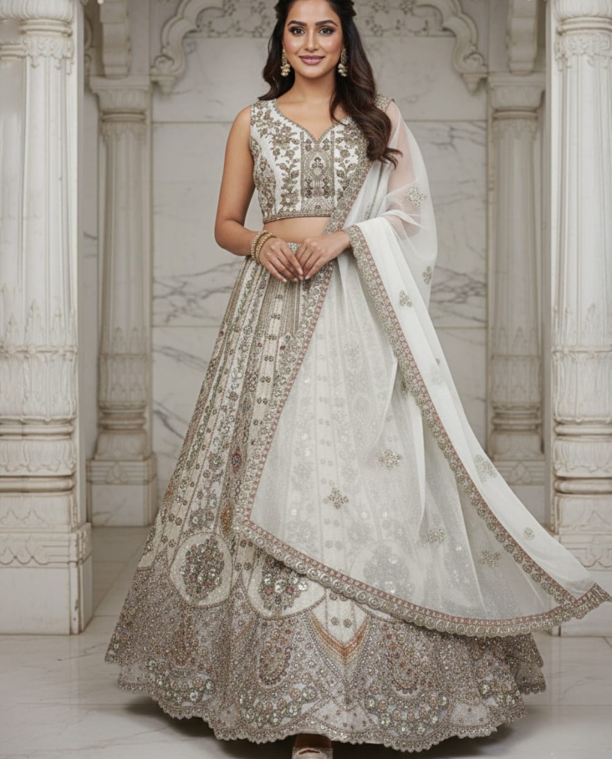 WHITE - Metalic White Embroidery on Vibrant Color Designer Partywear Lehengacholi 