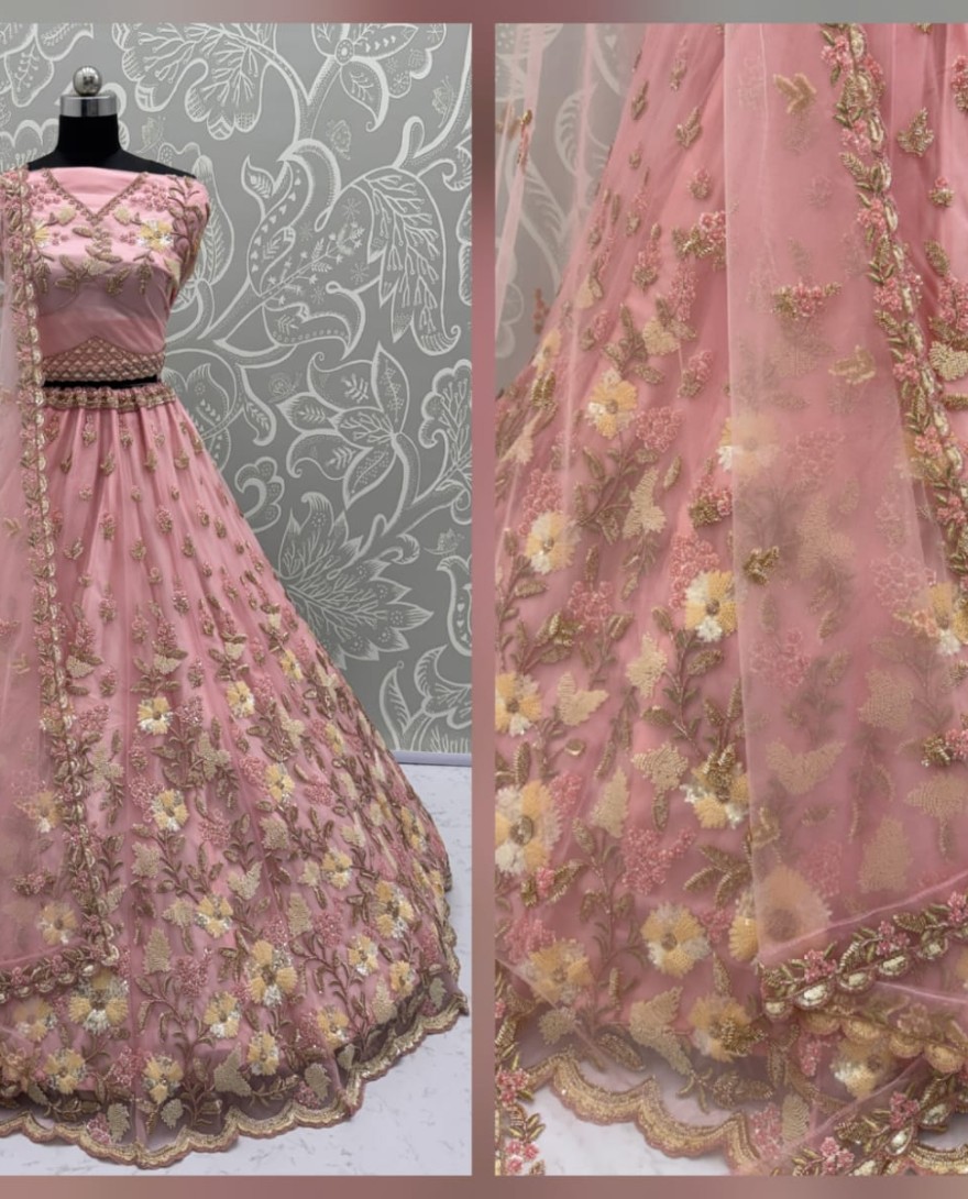Pink - Handwork Pink and Motif Work Designer Partywear Lehengacholi 