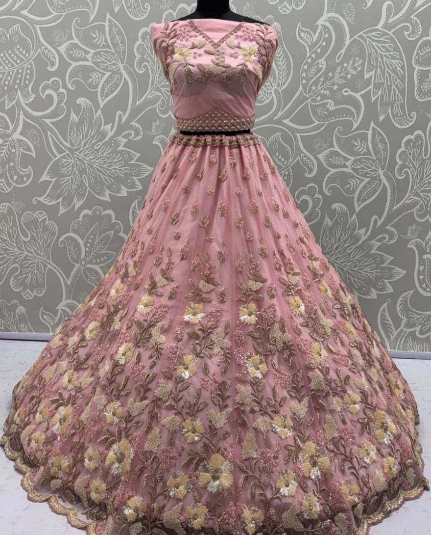 Pink - Handwork Pink and Motif Work Designer Partywear Lehengacholi 