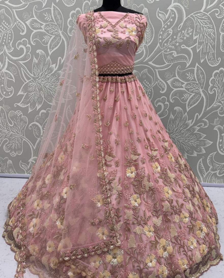 Pink - Handwork Pink and Motif Work Designer Partywear Lehengacholi 