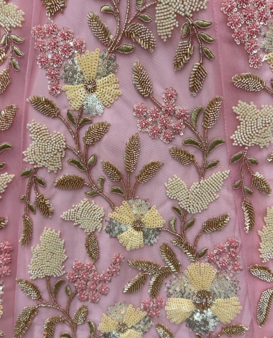 Pink - Handwork Pink and Motif Work Designer Partywear Lehengacholi 