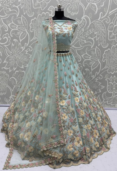 Handwork Sea Green and Motif Work Designer Partywear Lehengacholi 