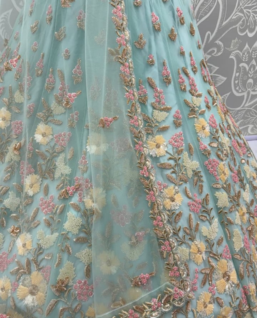 SEAGREEEN - Handwork Sea Green and Motif Work Designer Partywear Lehengacholi 