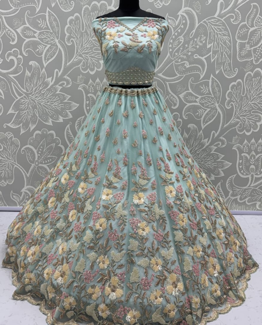 SEAGREEEN - Handwork Sea Green and Motif Work Designer Partywear Lehengacholi 