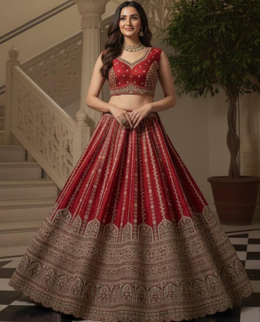 RED - Details Red Embroidered Perfect Bridal Lehenga Choli with double Dupatta 